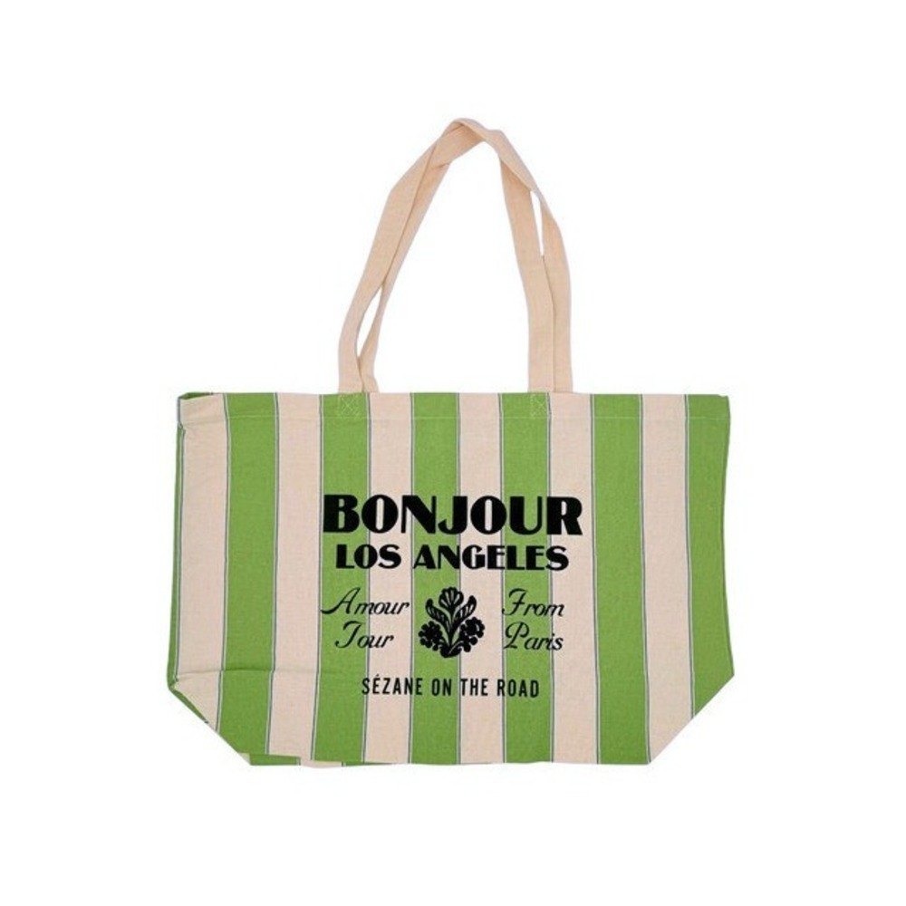 Sézane Bonjour Los Angeles Tote Bag Green Stripe Cotton Paris Amour